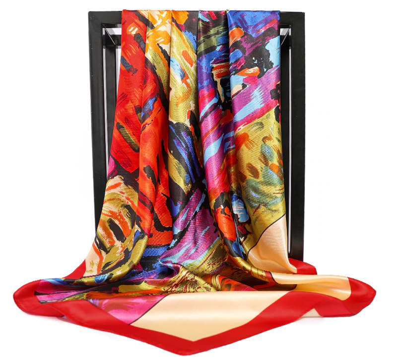 Atraktivní velký saténový šátek s malbou - duhový