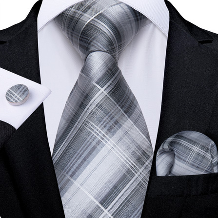 Jason&Vogue / Hi-Tie Kravatový set stříbrno-šedý mřížkovaný, kravata, kapesníček, manžety