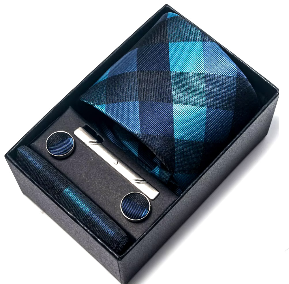 Atraktivní dárkový kravatový set - modrý kostkovaný