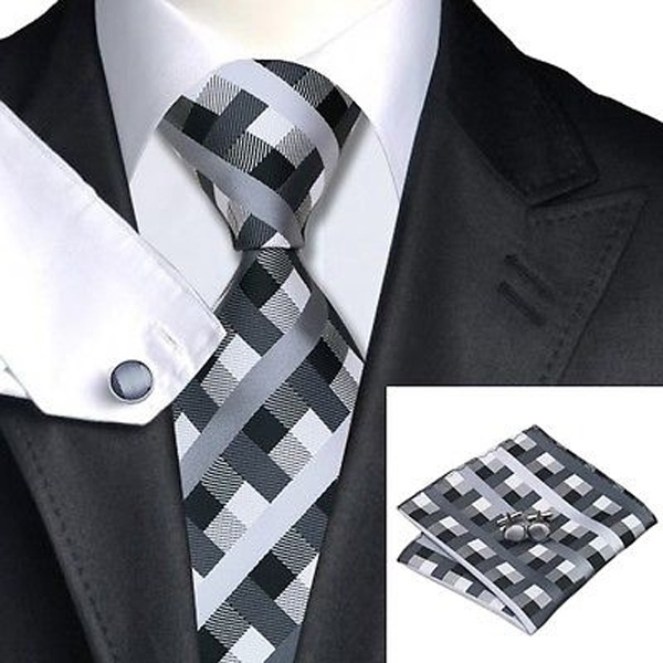 Jason&Vogue / Hi-Tie Kravatový set károvaný černobílý,  kravata, kapesníček, manžety