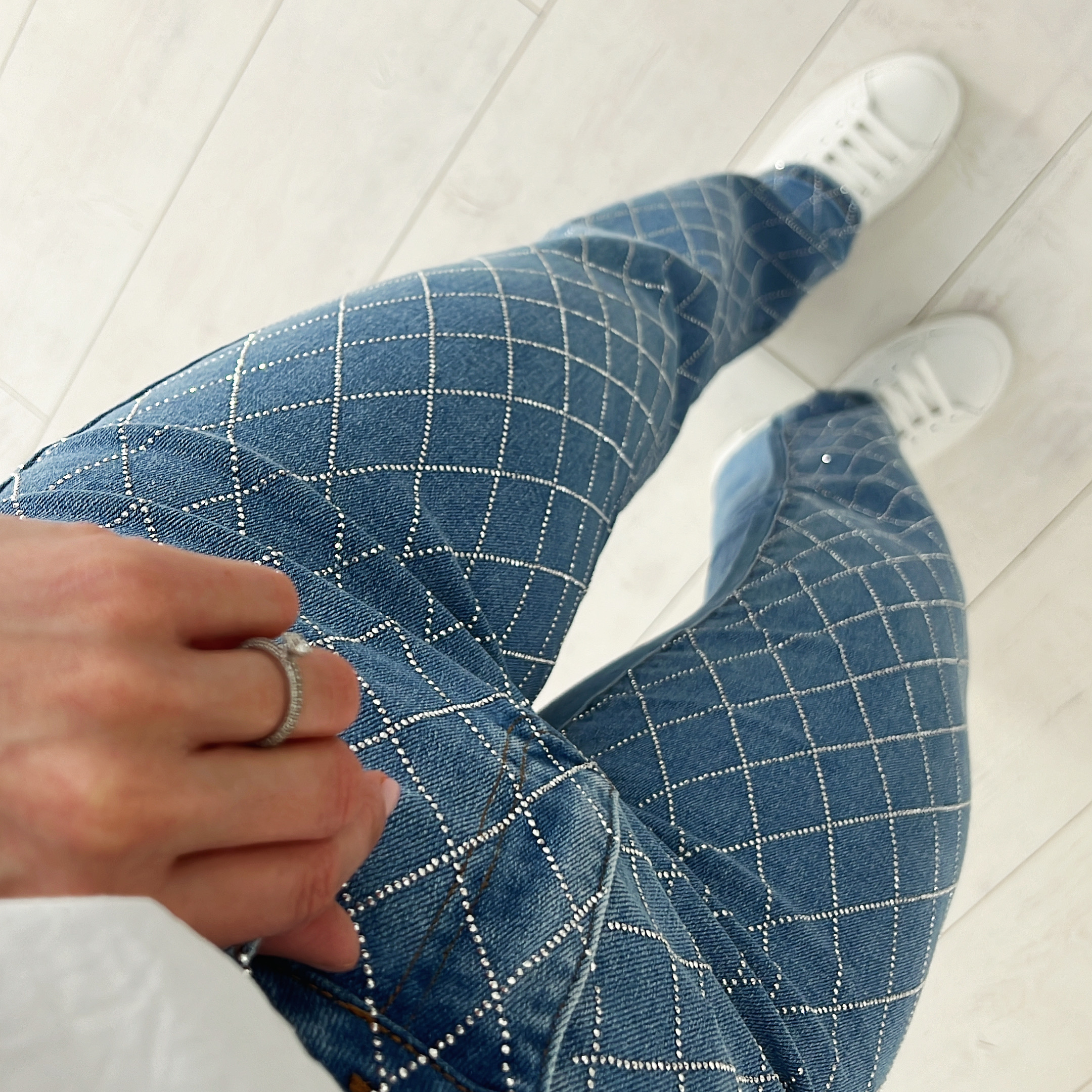 Luxusní kalhoty zdobené kamínky Meavy Barva: Modrá, Velikost: L