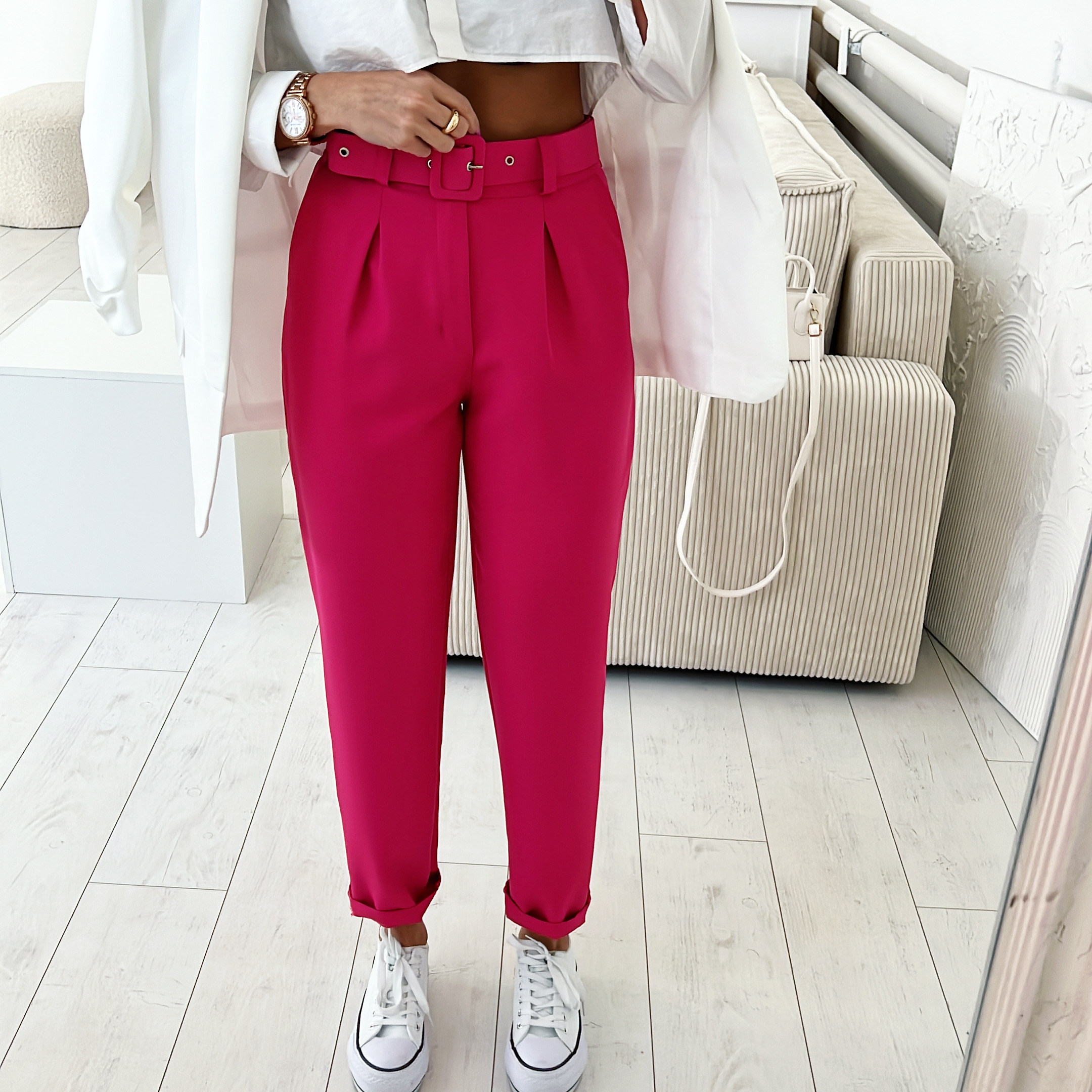 Elegantní kalhoty s páskem Give Barva: Růžová, Velikost: M