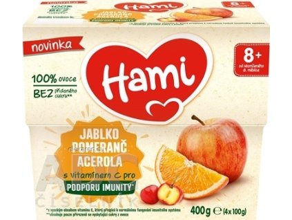 Hami 100% ovocie JABLKO POMARANČ ACEROLA - ovocný príkrm (od ukonč. 8. mesiaca) 4x100 g (400g)