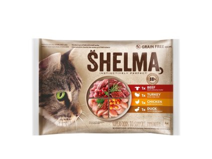 SHELMA kapsa pro kočky 4x85g kuřecí, hovězí, kachním a krůtím
