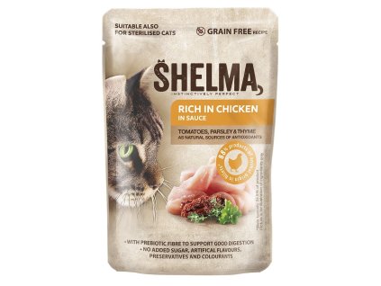 SHELMA kapsa pro kočky 85g s kuřecím, rajčaty a bylinkami v omáčce