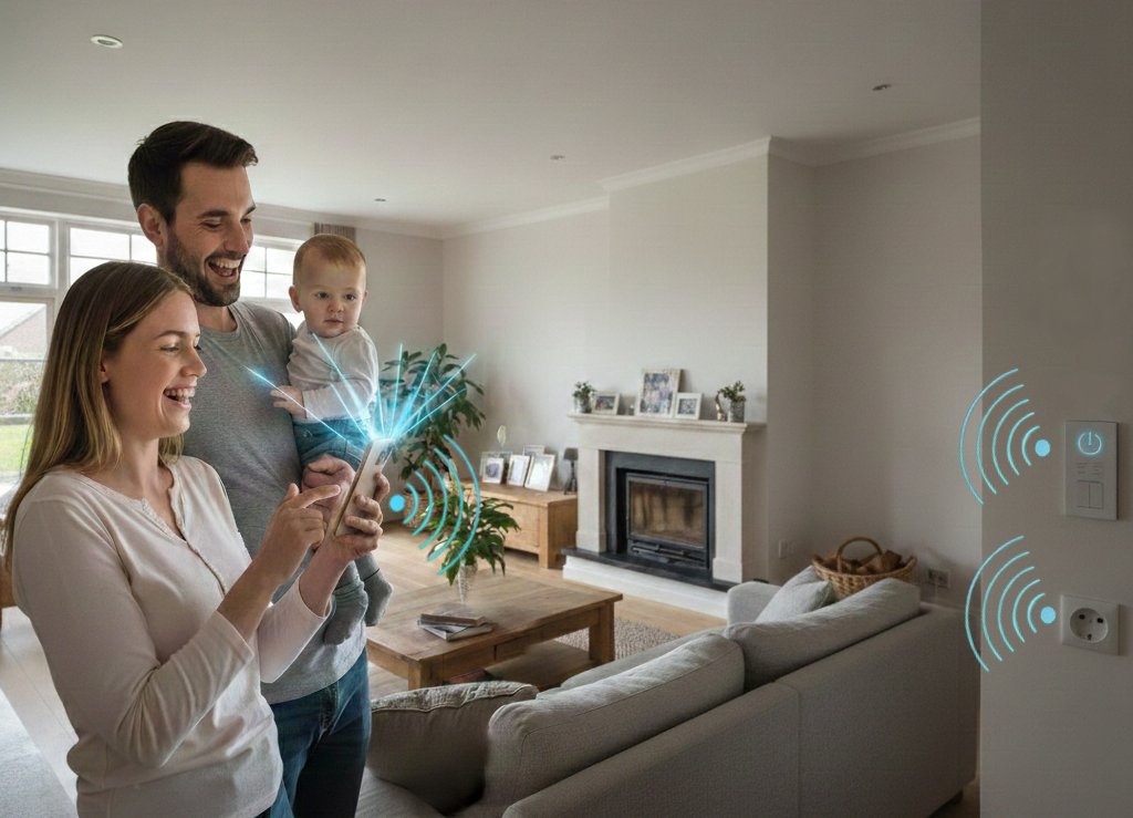 Spokojná rodina, ktorá ovláda smart elektroinštalačný systém cez smartfón.