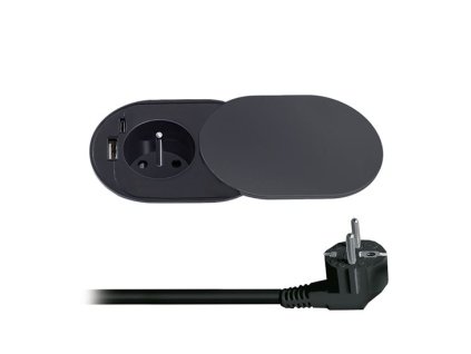 Vstavaná okrúhla 1-zásuvka do pracovnej dosky 1x230 + 1xUSB-A 1,9m s posuvným krytom čierna PP124USBC-B SOLIGHT