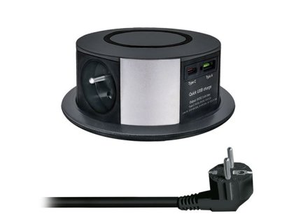 Výsuvná okrúhla wifi 3-zásuvka do pracovnej dosky 3x230 + 1xUSB-A + 1xUSB-C 2m čierna PP120CW-PD-20-B SOLIGHT