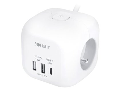 Predlžovací kábel kocka 3-zásuvka + 2xUSB-A +1xUSB-C 2 metre biela s vypínačom PP145C SOLIGHT