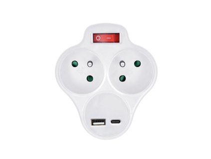 Rozdvojka trojuholník 2x10A + USBA+C + vypínač stredový vstup biela P99USBC-PD20 SOLIGHT