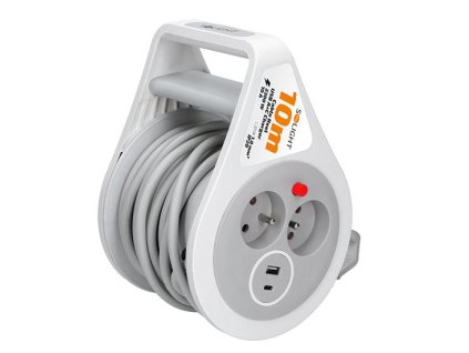 Predlžovací káblový bubon 2 zásuvky + USBA+C 10m H05VV-F 3x1,0 IP20 PB25C sivý SOLIGHT