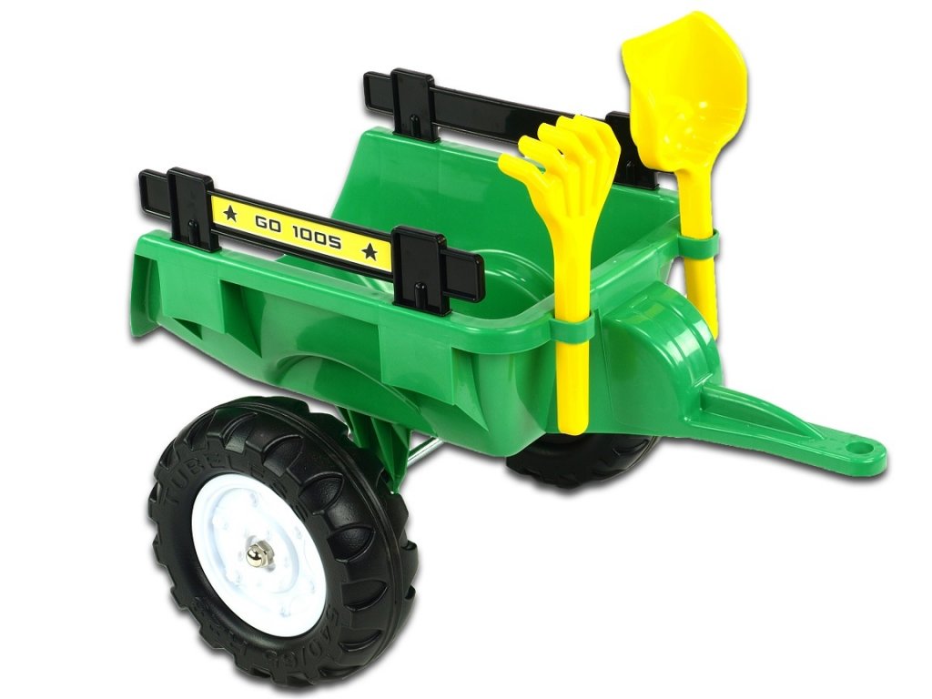 Dětský Vlek za Traktor Trailer - střední s lopatou a hráběmi, 2 kolový, délka 56cm, zelený