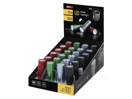 LED ruční kovová svítilna P3848A, 50 lm, 3× AAA, 24 ks, display box