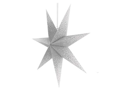 Vánoční hvězda papírová závěsná se stříbrnými třpytkami ve středu, bílá, 60 cm, vnitřní