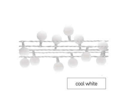 LED světelný cherry řetěz – kuličky 2,5 cm, 4 m, venkovní i vnitřní, studená bílá, časovač