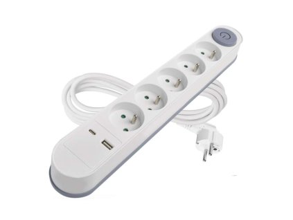 Prodlužovací kabel 3 m / 5 zásuvky / s vypínačem / bílý / 1×USB-A + 1×USB-C / 1,5 mm2