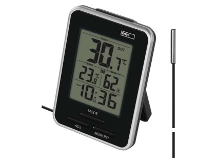 Digitální teploměr s vhlkoměrem, drátové čidlo, budík E0121