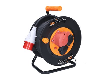 Solight prodlužovací přívod - na bubnu, zásuvky 400V + 230V, 25m kabel guma-neopren 5x1,5mm2, IP44 (Bezdrátové nabíjení Ne)
