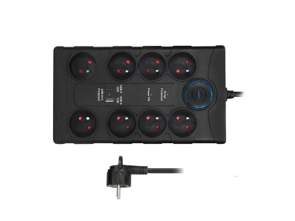 Solight přepěťová ochrana, 8z, USB A+CA, 2m, černá