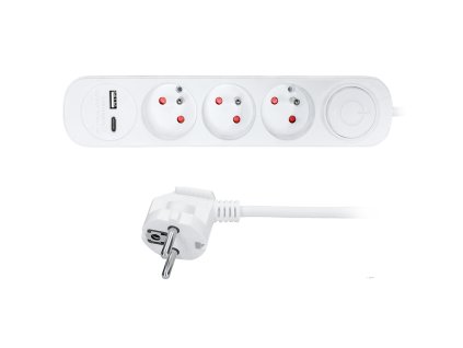 Solight prodlužovací přívod 3 zásuvky, s USB A+C nabíječka 12W, 2m, 3 x 1mm2, bílý, vypínač
