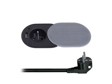 Solight 1z + USB A+C 20W PD vestavná zásuvka s posuvným víčkem, 2m, stříbrná