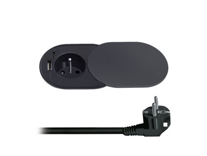 Solight 1z + USB A+C 20W PD vestavná zásuvka s posuvným víčkem, 2m, matná černá