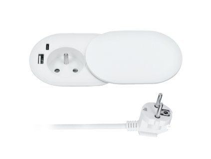Solight 1z + USB A+C 20W PD vestavná zásuvka s posuvným víčkem, 2m, matná bílá