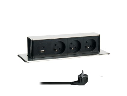 Solight 3z + USB A+C 20W PD výsuvný blok zásuvek, 2m, nerez ocel