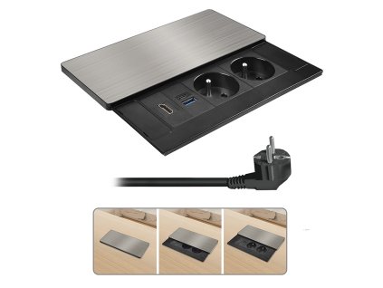Solight vestavný blok zásuvek s posuvným krytem, 2 zásuvky, HDMI, USB A+C 20W PD, 2m, stříbrný (Bezdrátové nabíjení Ne)