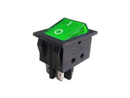 Vypínač kolébkový IRS-201-3A, ON-OFF 2pol.250V/15A zelený, prosvětlený