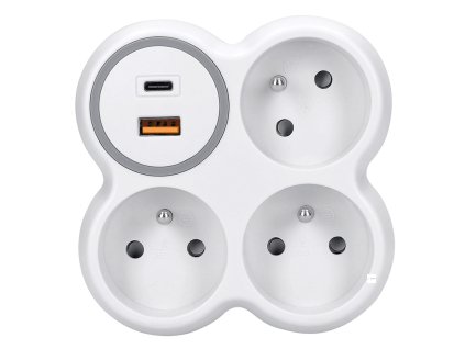 Solight rozbočka, 3x 16A, USB A+C rychlonabíječka 20W PD, bílá-šedá