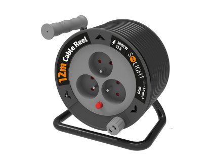 Solight prodlužovací přívod na bubnu 12m, 3 zásuvky, černý kabel, 3x 1,5mm2