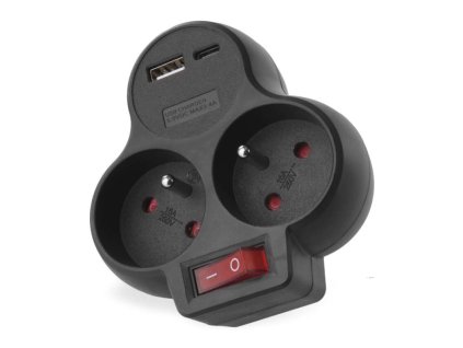 Rozbočovací zásuvka 2×, vyp., 1×USB-A+1×USB-C, černá