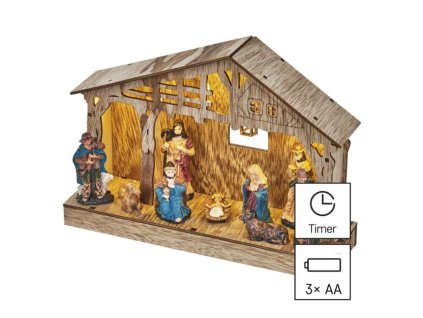LED vánoční betlém dřevěný, 19 cm, 3x AA, vnitřní, teplá bílá, časovač