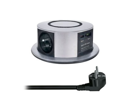 Horní část výsuvného bloku Solight se třemi zásuvkami, USB-A, USB-C s Power Delivery 20 W a bezdrátovým nabíjením Qi 10 W