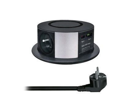 Horní část výsuvného bloku Solight se třemi zásuvkami, USB-A, USB-C s Power Delivery 20 W a bezdrátovým nabíjením Qi 10 W