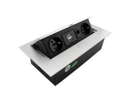 FK technics Výklopná zásuvka 2x230V + 2xUSB + RJ45, vestavná, stříbrná