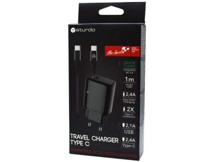 Sturdo 1x USB-C, 1X USB-A QC3.0 PD 2,4A čierna + kabel USB-C Nabíjačka USB do siete