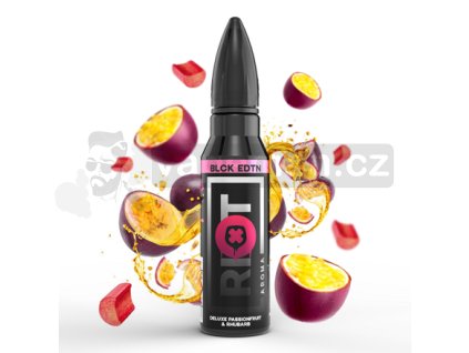 Příchuť Riot Squad BLCK EDTN S&V: Deluxe Passionfruit & Rhubarb (Marakuja s rebarborou) objem 10ml tabáková nálepka Kolek Q