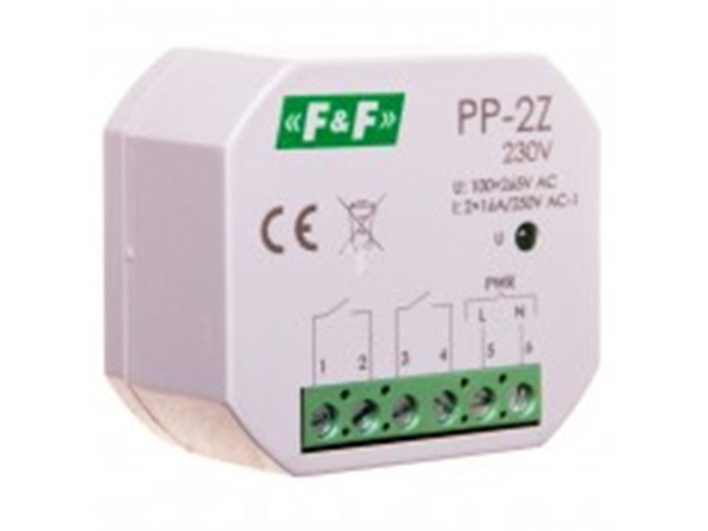 Relé pomocné PP-2Z/230 do inš.krabice O60, 2x zap.kontakt 16A/250V AC, 100÷265V AC