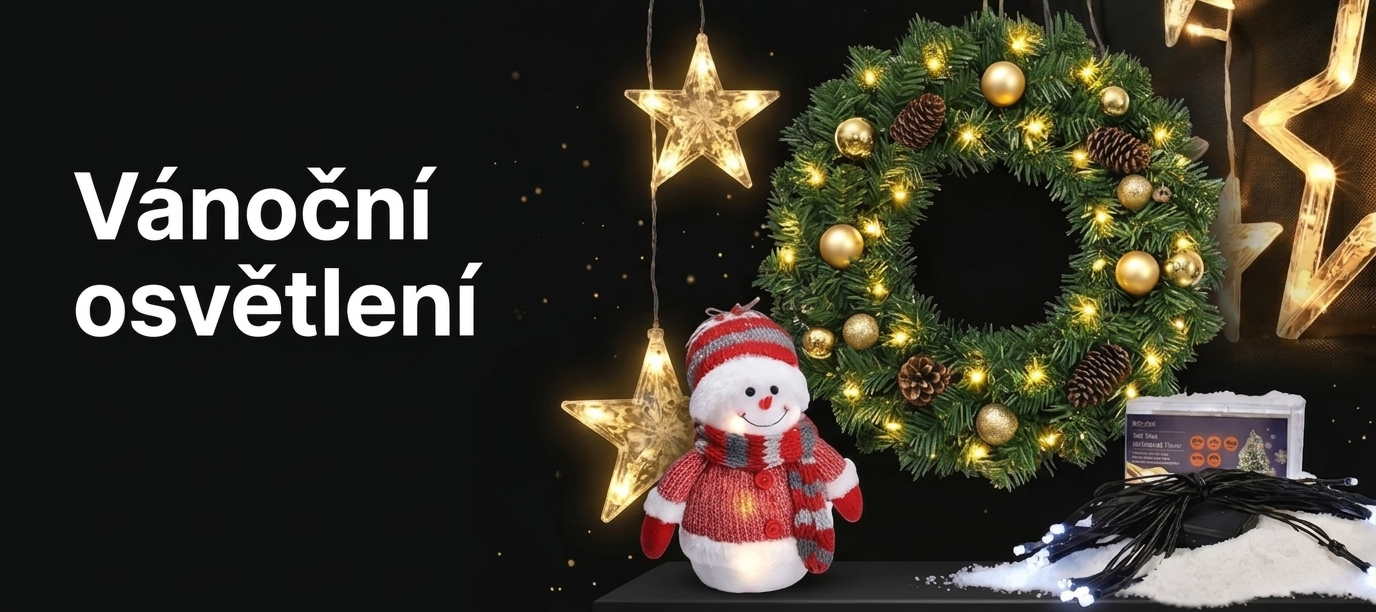 Sítící vánoční světýlka ve tvaru hvězd a jelenů s šiškami na tmavém dřevěném podkladu
