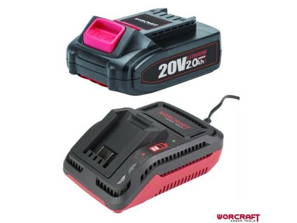 WORCRAFT® Sada akumulátor 20 V 2.0 Ah + rychlá nabíječka, série ONE FOR ALL