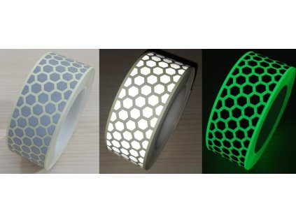 Zažehlovací fotoluminiscenční páska s retroreflexními plochami  / vzor šestihran (Varianty Prodej na metry, šíře 50 mm x 1 m - Kód: 27314)