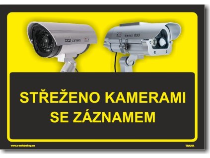 Střeženo kamerami se záznamem černo/žlutá verze, tabulka nebo samolepka (Verze Samolepka 210 x 148 mm (A5) tl. 0.1 mm - Kód: 14300)