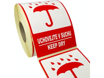 Značení obalů - Uchovejte v suchu / Keep dry - červený piktogram (Verze Samolepka 80 x 120 mm tl. 0,1 mm - Kód: 17655)