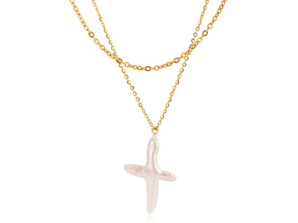 ELENYS Pearl Cross  pozlacený náhrdelník 18K žluté zlato