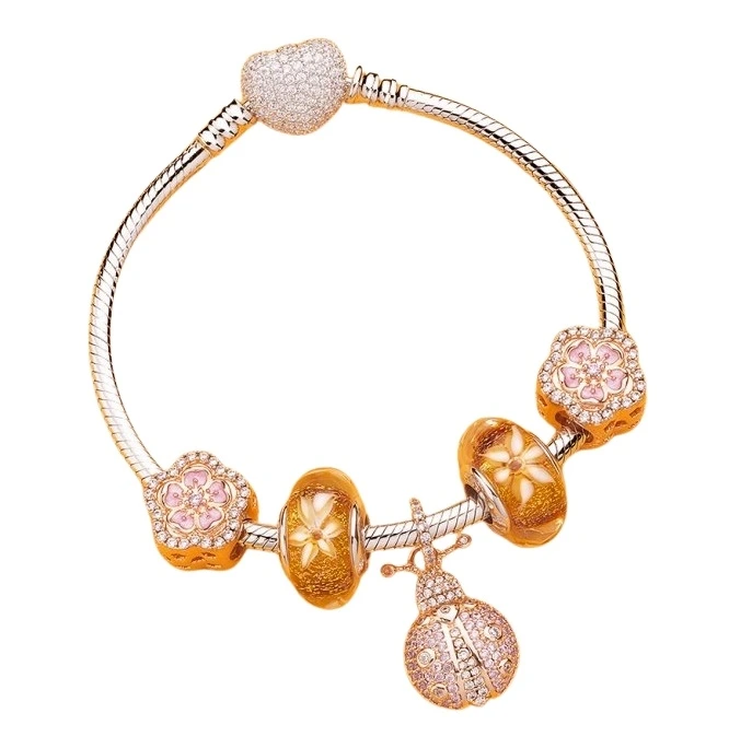 Elenys stříbrný kompletní náramek s přívěsky Krásná beruška 14k růžové zlato vermeil Velikost: 17 cm
