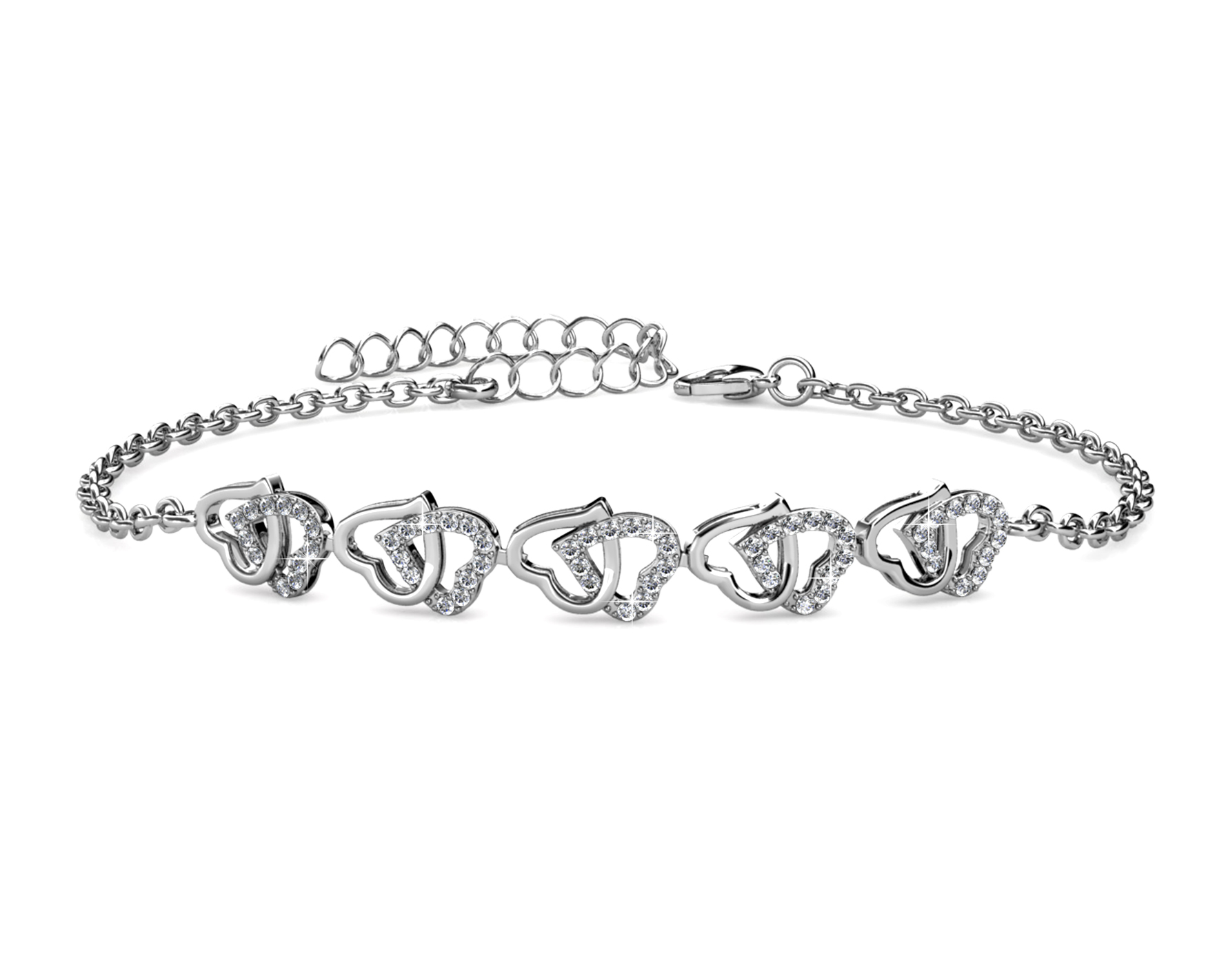 Royal Fashion zlacený náramek 18k bílé zlato s krystaly Swarovski Srdce DBS0099-WG