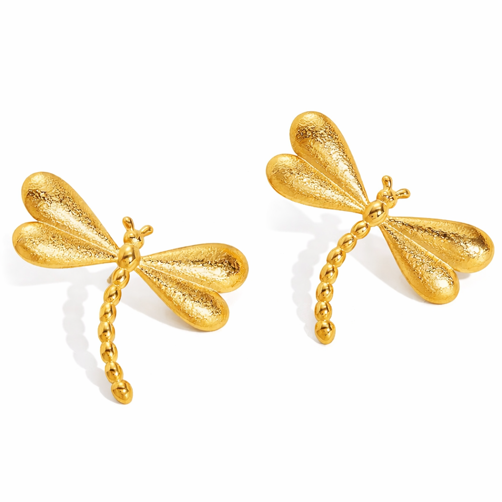 ELENYS Golden Dragonfly – pozlacené náušnice 18K žluté zlato