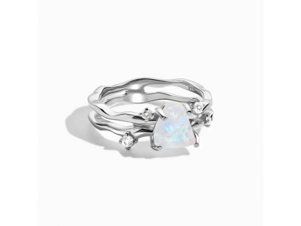 Royal Fashion stříbrný rhodiovaný prsten Raw Krystal s drahokamem Moonstonem a drahokamy bílými safíry GU-DR24615R-SILVER-MOONSTONE-SAPPHIRE (Velikost 10 (EU: 61-63))